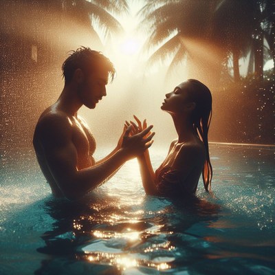 Romantic couple holding hands in pool