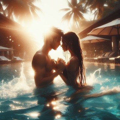 Romantic couple in pool at sunset