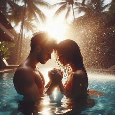 Couple holding hands in pool at sunset
