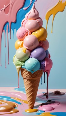 Colorful ice cream cone dripping