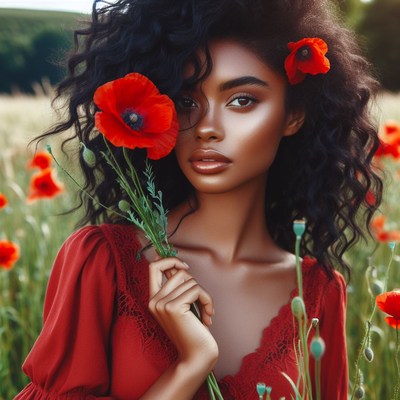 Woman holding poppy flowers in field