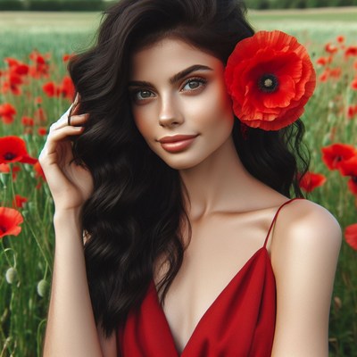 Woman in red dress with poppy in field