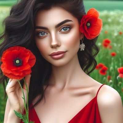 Woman holding poppy in field