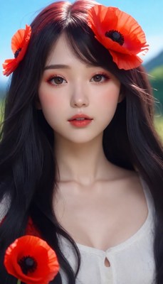 Woman with red poppy flowers