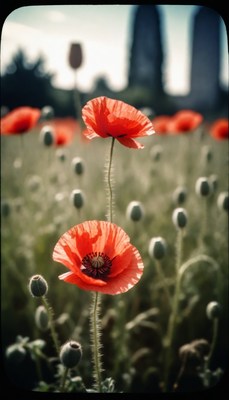 Red poppy field in cityscape