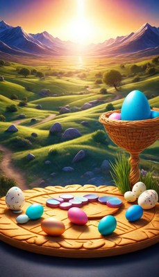 Colorful eggs on a wooden platform