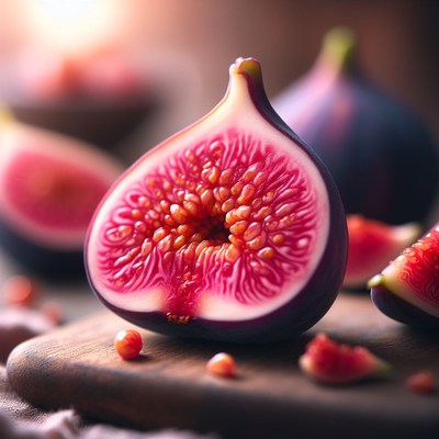 Ripe fig sliced open on wooden board