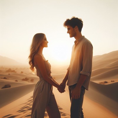 Couple holding hands in desert sunset