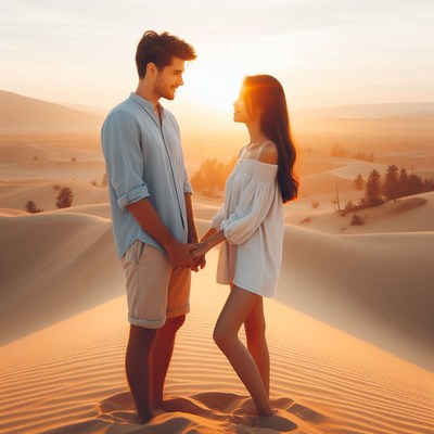 Couple holding hands in desert at sunset