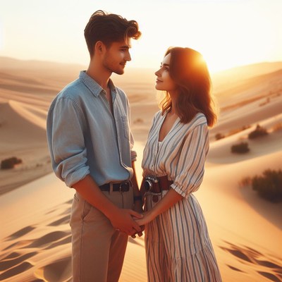 Couple holding hands in desert at sunset