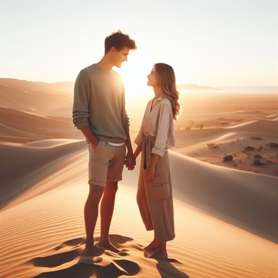 Couple holding hands in desert at sunset