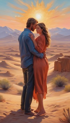Couple embracing at desert sunset