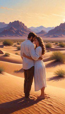 Couple embracing in desert sunset