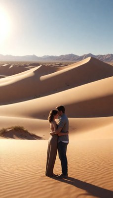 Couple embraces in desert sunset