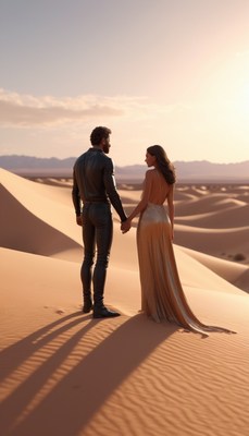 Couple holding hands in desert at sunset