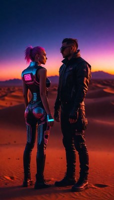 Cyberpunk couple in desert sunset