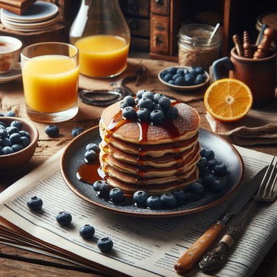 Blueberry pancakes with syrup on wooden table