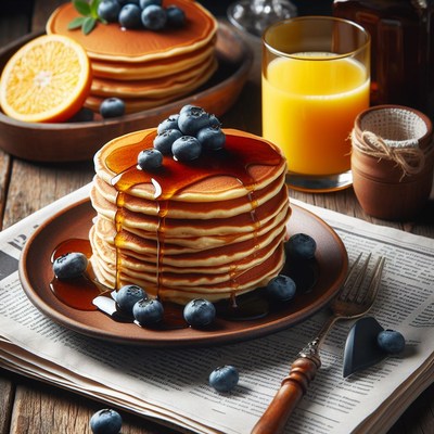 Pancakes with syrup and blueberries