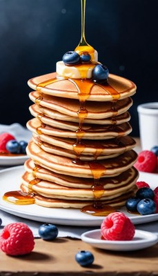 Pancake stack with syrup and berries