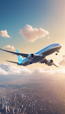 Airplane taking off over city skyline