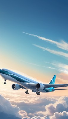 Airplane flying above clouds at sunset