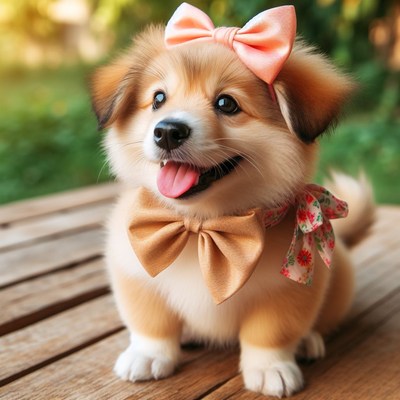Puppy wearing bow tie and bow