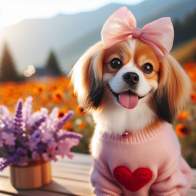 Dog wearing pink sweater and bow