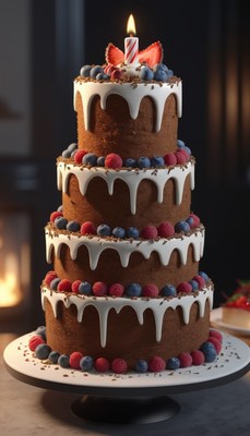 Four-tier chocolate birthday cake with berries
