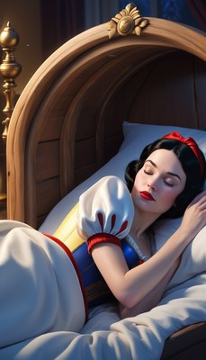 Snow white sleeping in wooden bed
