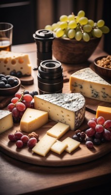Cheese board with grapes and camera lenses