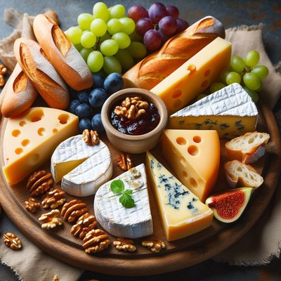 Cheese and fruit platter with bread and nuts