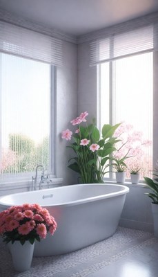 Modern bathroom with bathtub and flowers