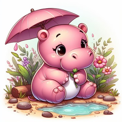 Pink hippopotamus under umbrella