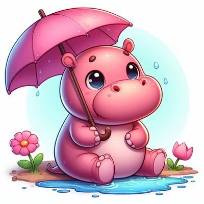 Cute hippopotamus under umbrella in rain