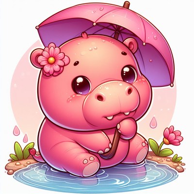 Cute pink hippopotamus holding umbrella in puddle