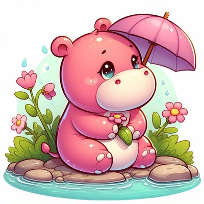 Pink hippopotamus under umbrella