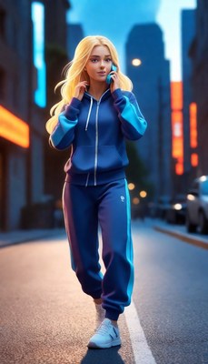 Woman walking on city street at night