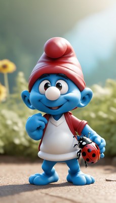 Smurf holding ladybug outdoors