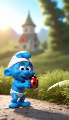 Smurf holding ladybug in grassy field