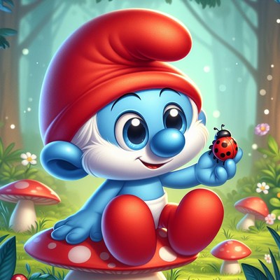 Smurf holding ladybug on mushroom