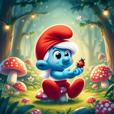 Smurf holding ladybug in forest