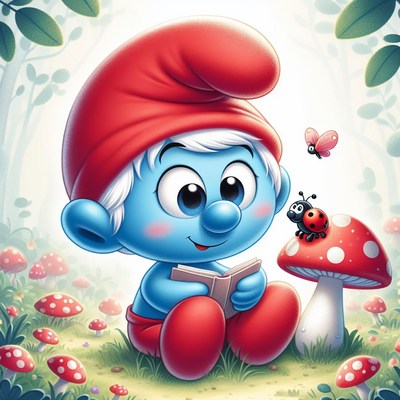 Smurf reading in a mushroom forest