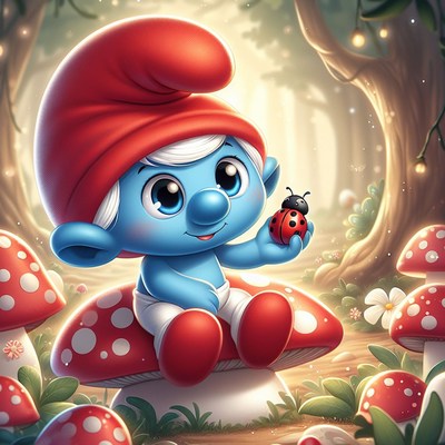 Smurf sitting on mushroom