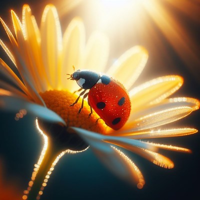 Ladybug on a daisy in sunlight