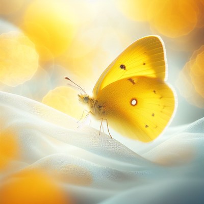 Yellow butterfly on white fabric