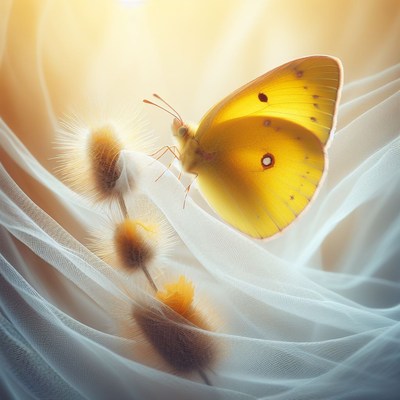 Yellow butterfly on white fabric