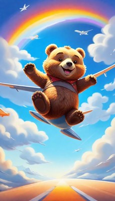 Smiling bear flying airplane