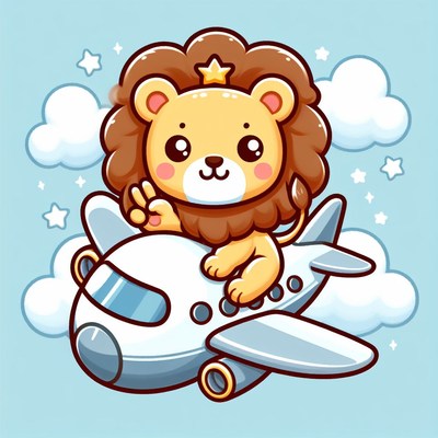 Cute lion flying airplane