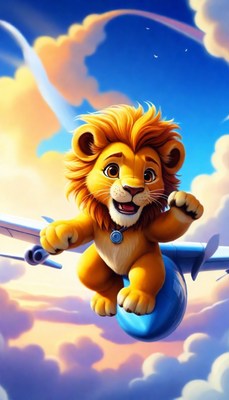 Lion cub flying on plane