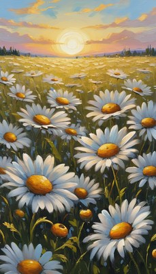 Daisies in field at sunset